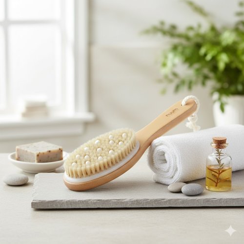 Nuum Cosmetics Curved Handle Body Brush with Soft Massage Beads Masažinis kūno šveitimo šepetys