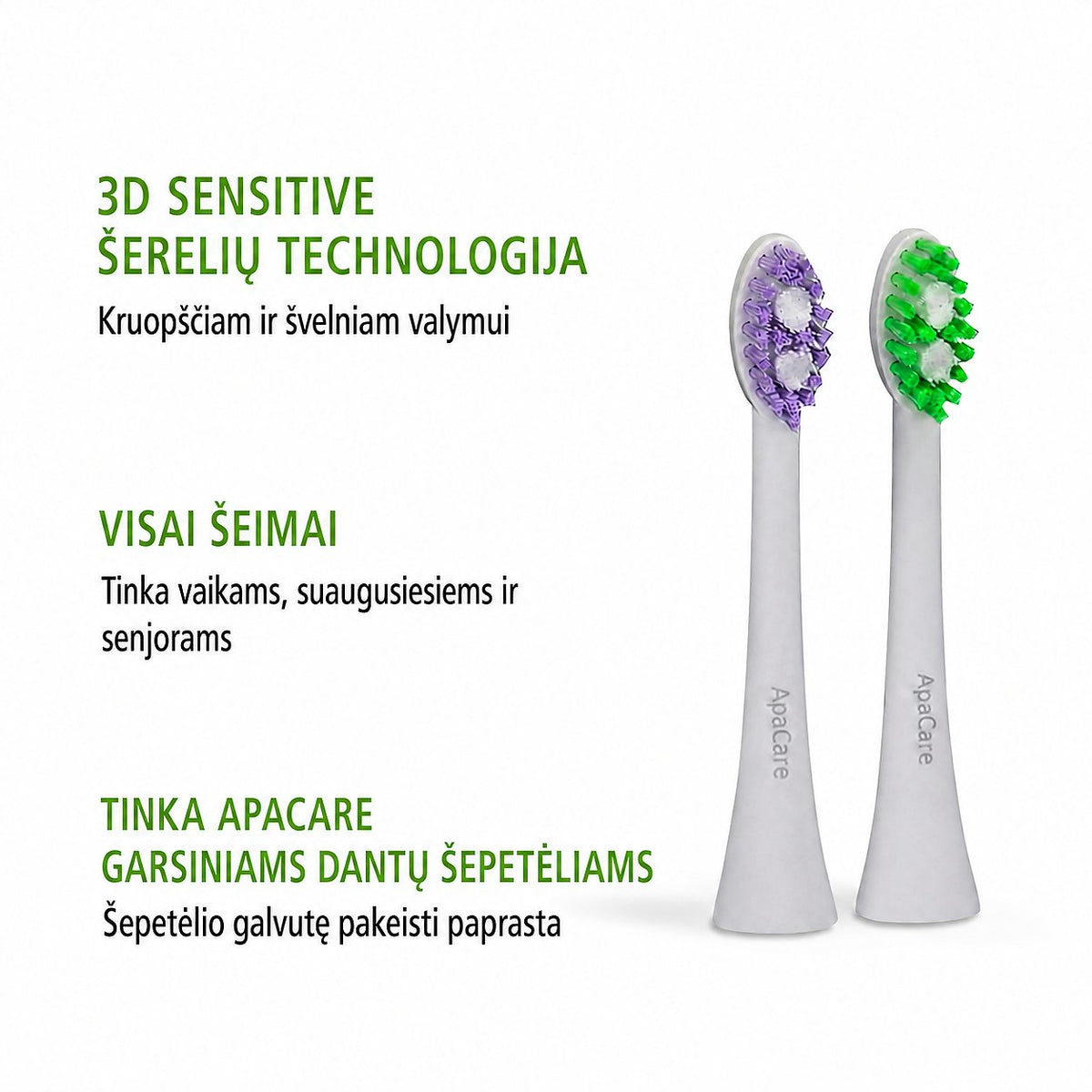 ApaCare Sonic 3D Sensitive dantų šepetėlio galvutės, 2 vnt.