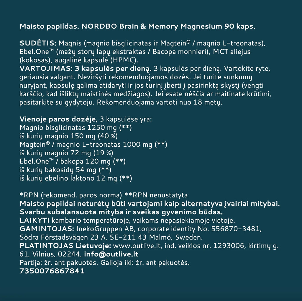 NORDBO Brain & Memory Magnesium Magnis + Bakopa protinei veiklai 90 kaps