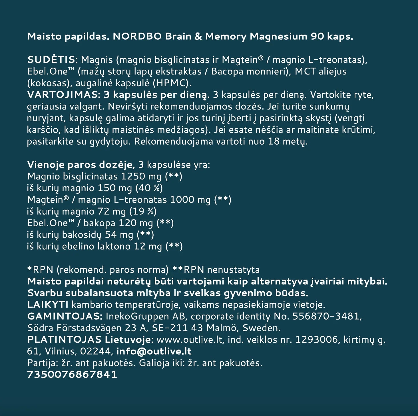 NORDBO Brain & Memory Magnesium Magnis + Bakopa protinei veiklai 90 kaps