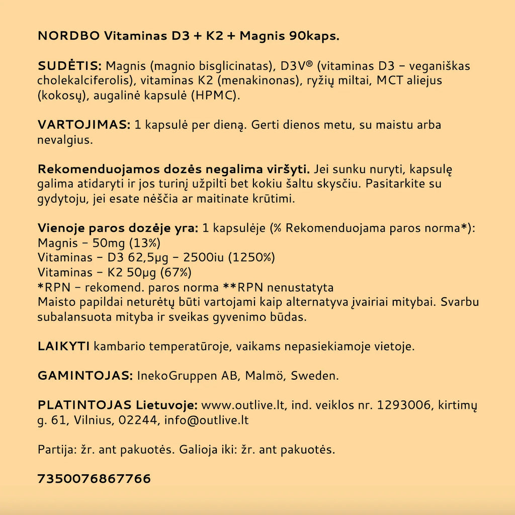 NORDBO Vitaminas D3+K2+Magnis lengvai įsisavinamas 90kaps.