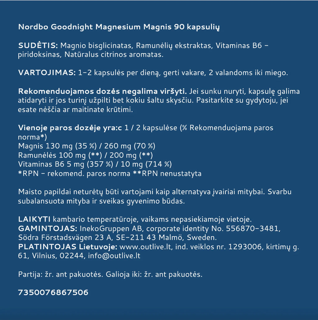 NORDBO Magnis Good Night Magnesium atsipalaidavimui ir kokybiškam miegui palaikyti 90kaps