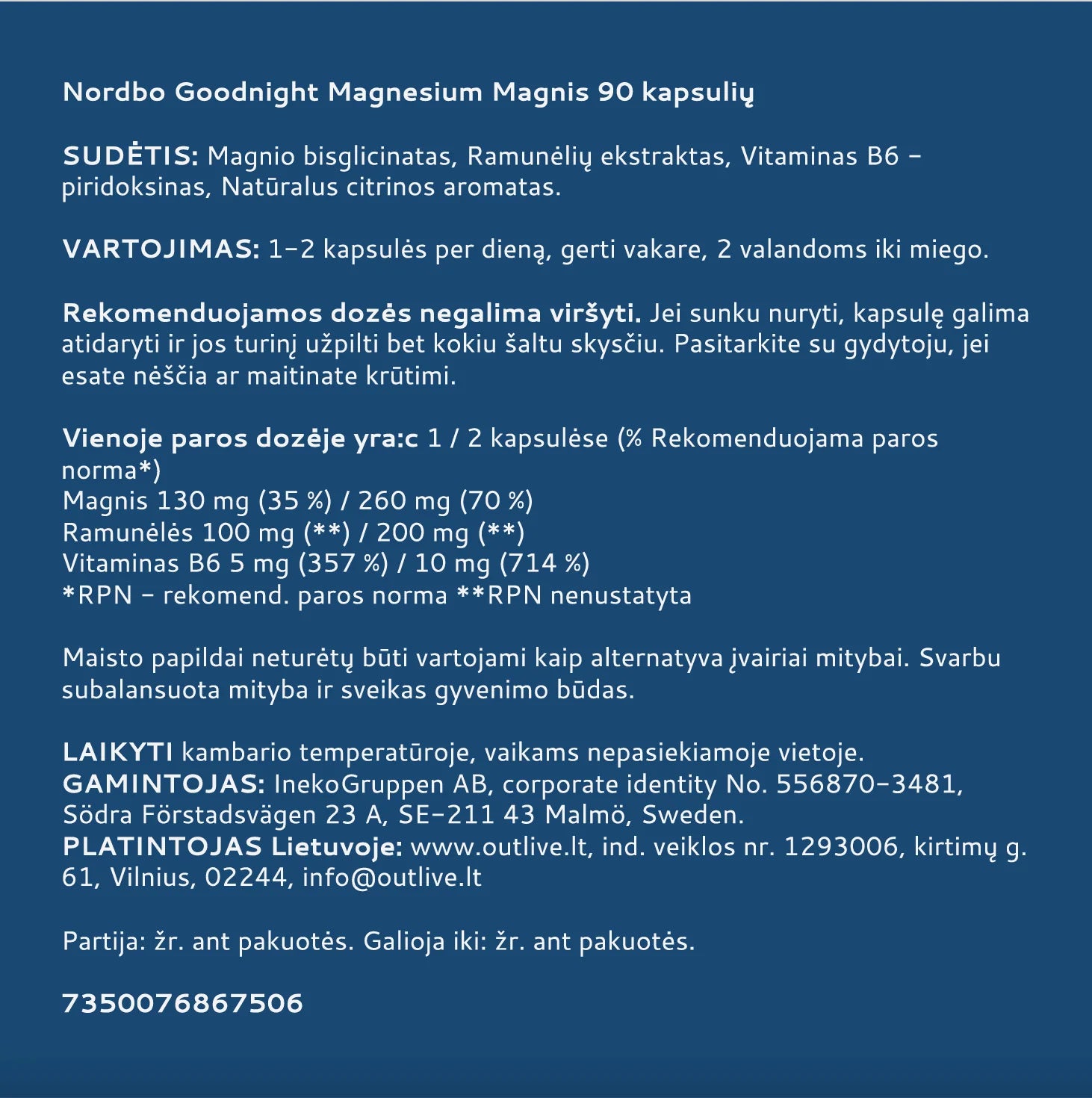 NORDBO Magnis Good Night Magnesium atsipalaidavimui ir kokybiškam miegui palaikyti 90kaps