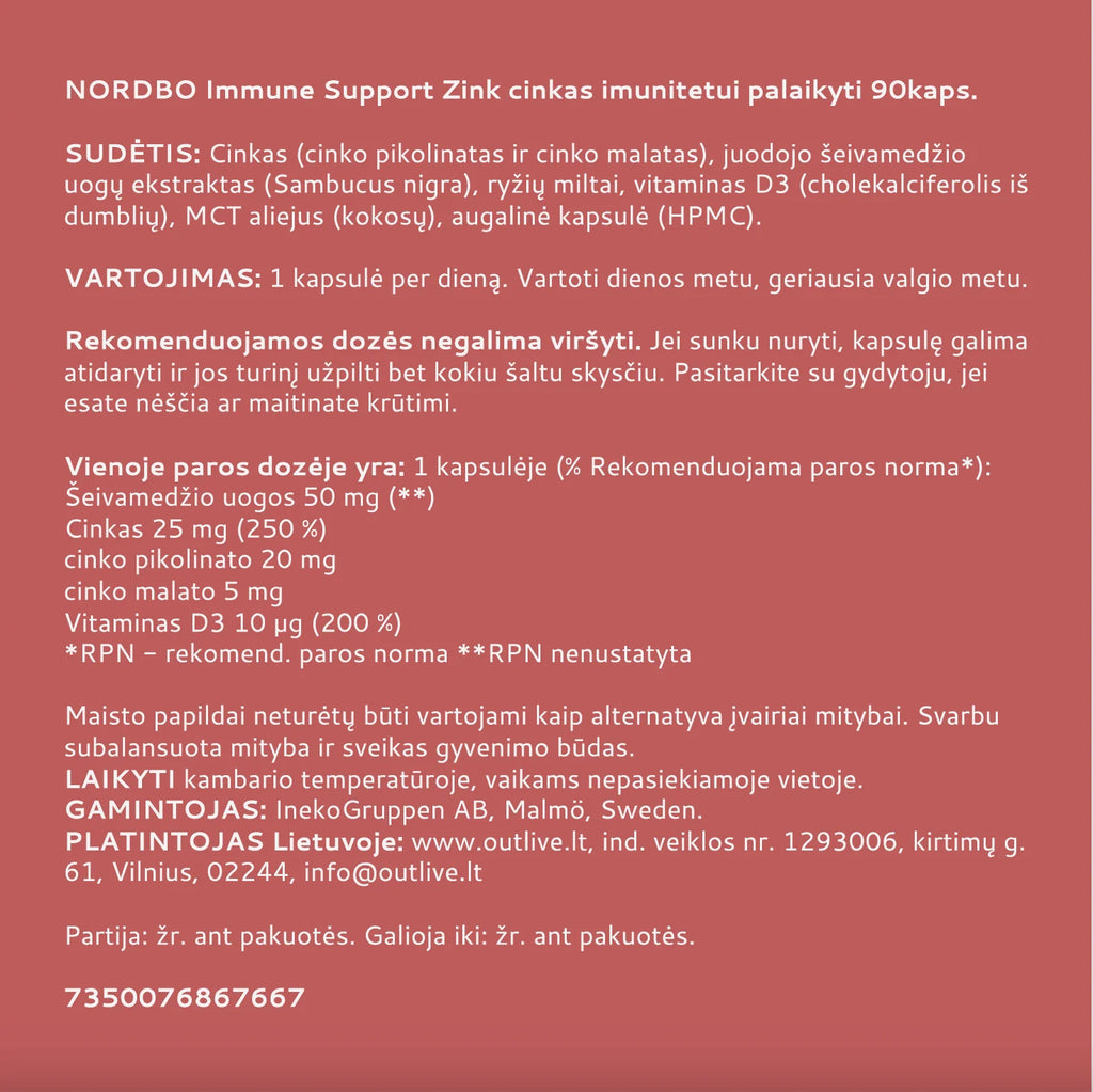 NORDBO Immune Support Zink cinkas imuninei sistemai palaikyti 90kaps.
