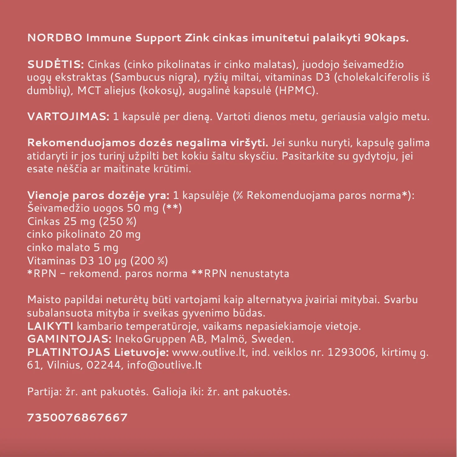 NORDBO Immune Support Zink cinkas imuninei sistemai palaikyti 90kaps.
