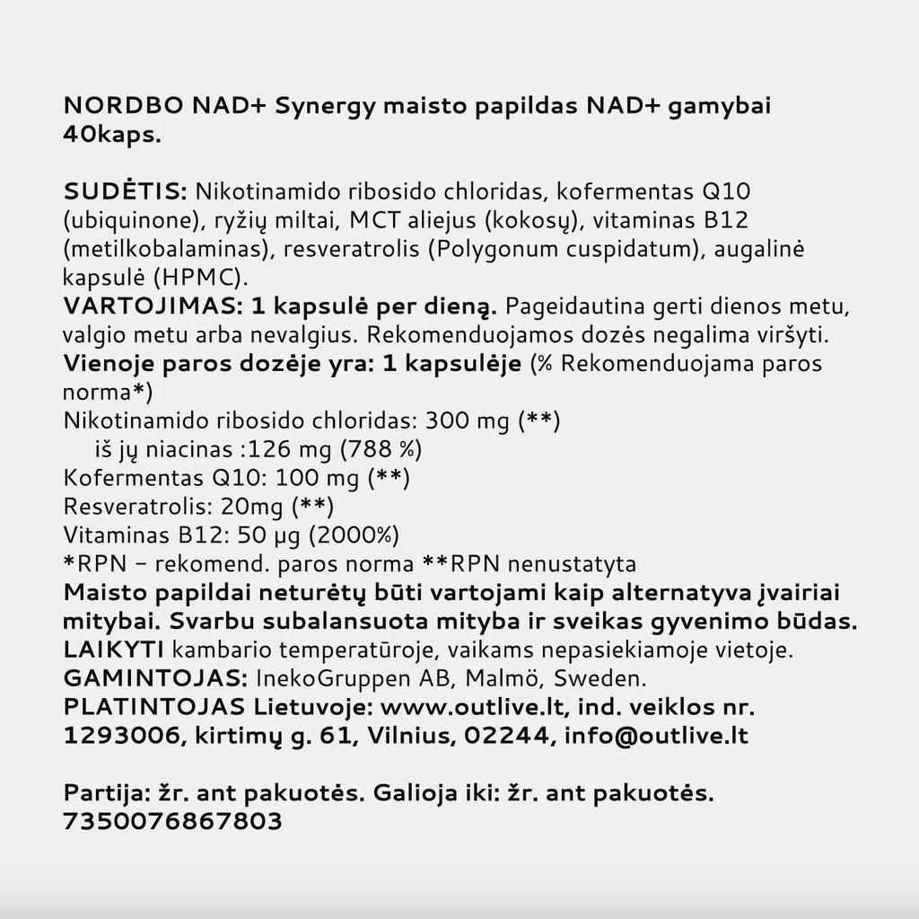 NORDBO NAD+ Synergy kompleksas NAD+ didinimui 40kaps