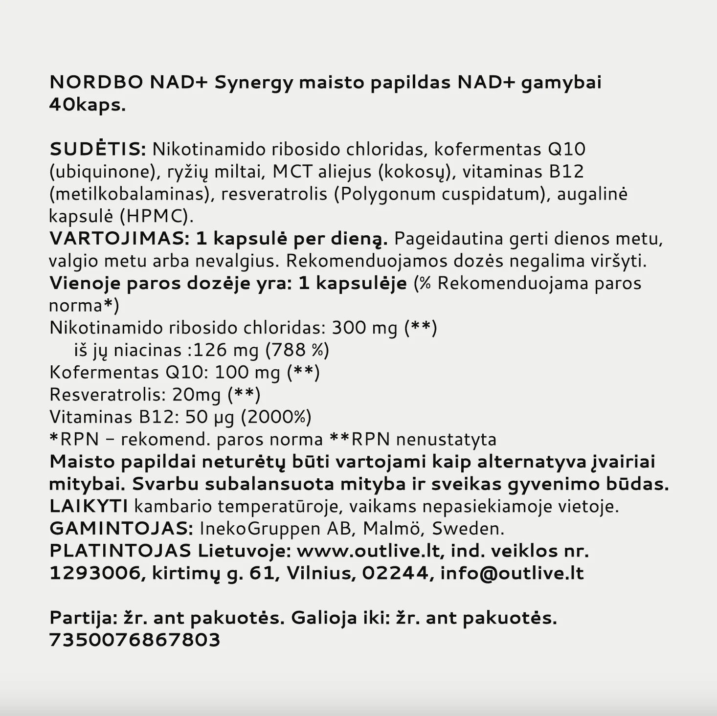 NORDBO NAD+ Synergy kompleksas NAD+ didinimui 40kaps