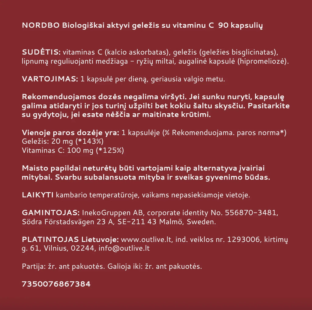 NORDBO Biologiškai aktyvi švelni skrandžiui geležis su vitaminu C 90kaps
