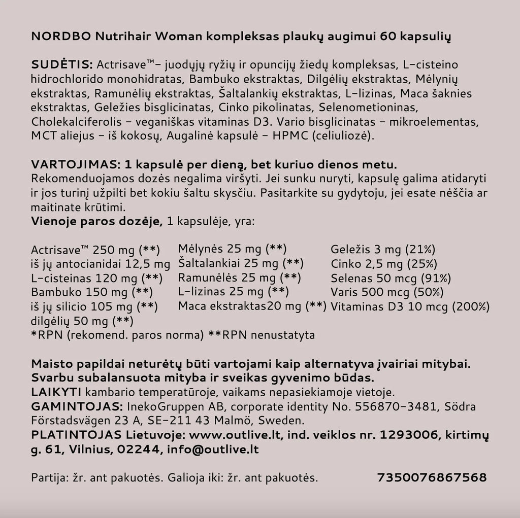 NORDBO Nutrihair Woman kompleksas plaukų augimui 60 kaps