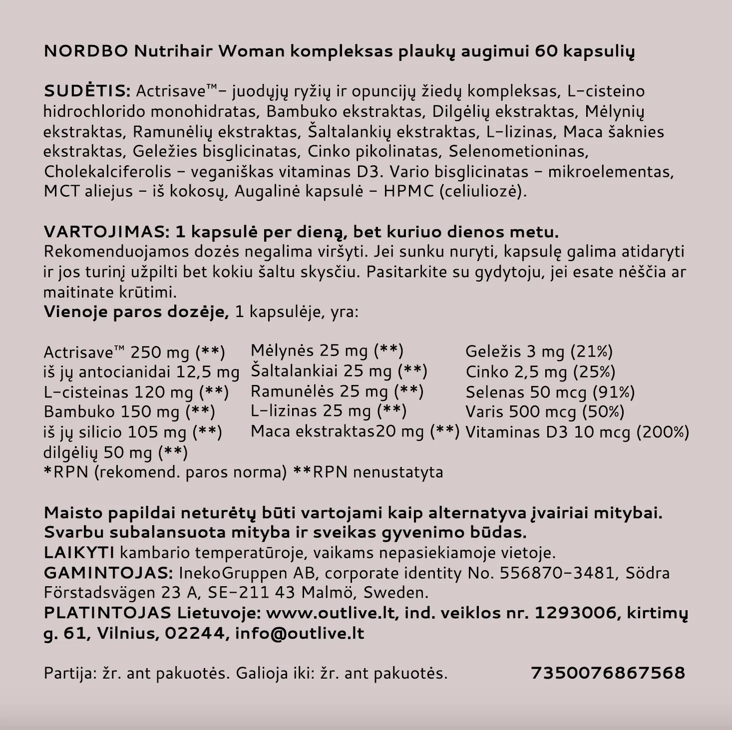 NORDBO Nutrihair Woman kompleksas plaukų augimui 60 kaps
