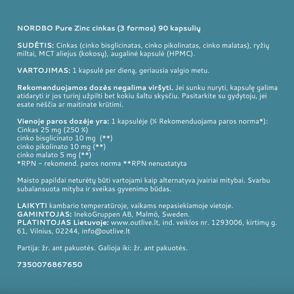 NORDBO Pure Zinc cinkas (3 formos) 90kaps.