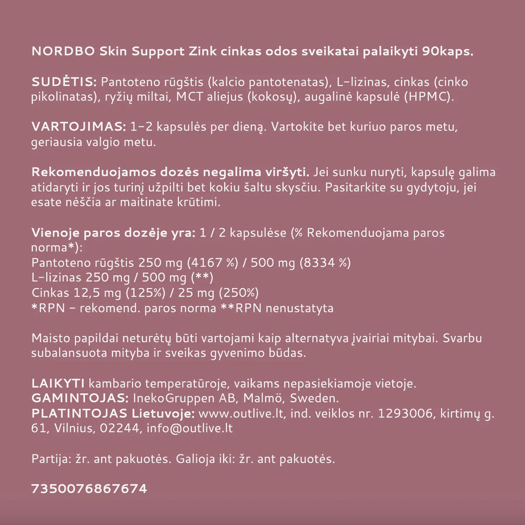 NORDBO Skin Support Zink cinkas odos sveikatai palaikyti 90kaps.
