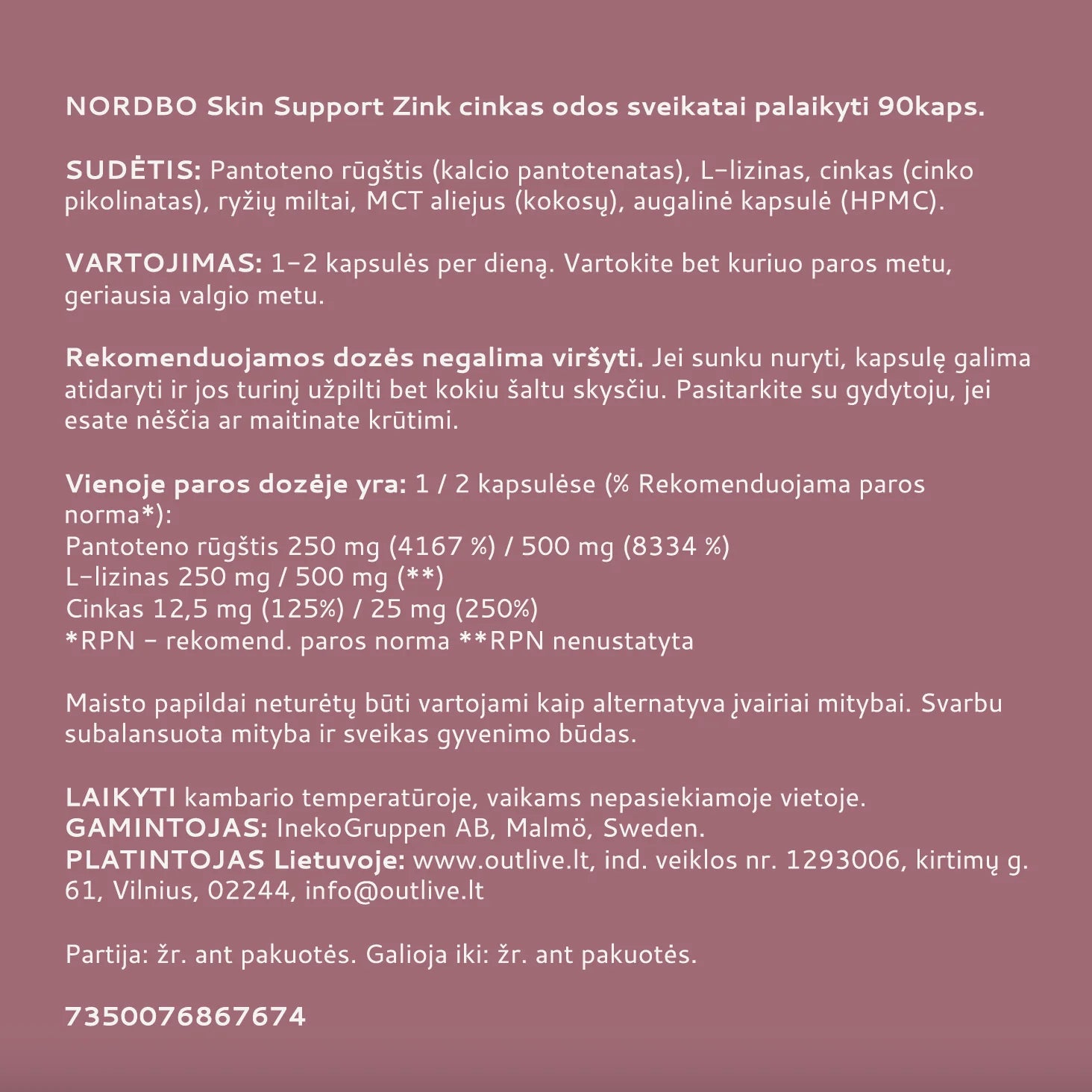 NORDBO Skin Support Zink cinkas odos sveikatai palaikyti 90kaps.