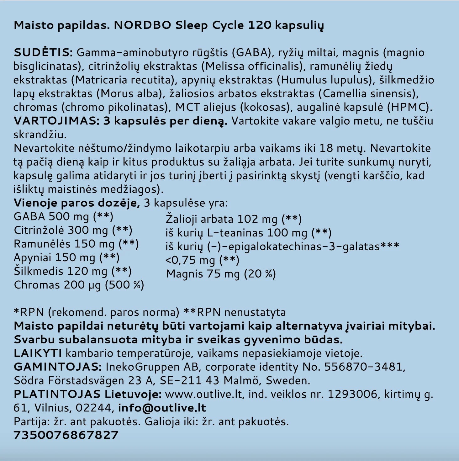 NORDBO Sleep Cycle Miego kokybei 120kaps