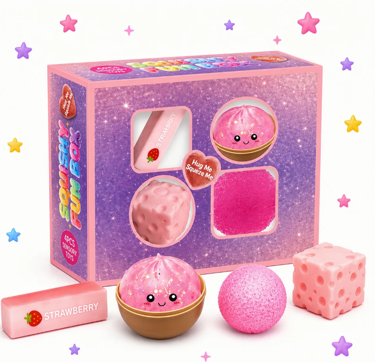 Squishy fun box rinkinys rožinis koldūnas sviestas sūris kamuoliukas
