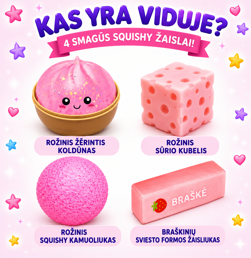 Squishy fun box rinkinys rožinis koldūnas sviestas sūris kamuoliukas